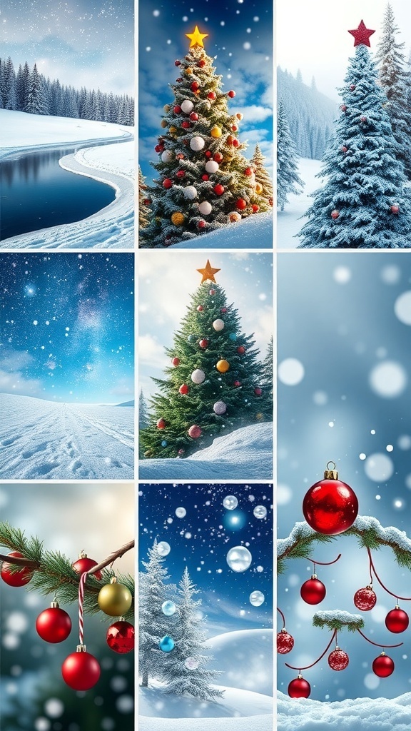 A collection of Christmas wallpapers featuring snowy landscapes, Christmas trees, and ornaments for Pixel 7.